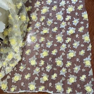 Tulle Fabric With Yellow 3-D Flowers & Gold Edged Printed Flowers 2 Yds X 54”